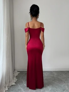 Elenzga Women's Solid Color Spaghetti Strap Hollow Out Off-Shoulder Split Hem Dress, Summer Dinner Party Burgundy Sexy Elegant - Burgundy - View 2
