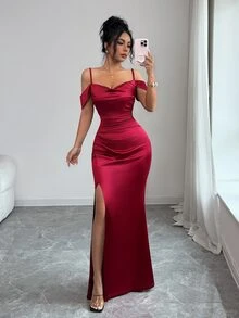 Elenzga Women's Solid Color Spaghetti Strap Hollow Out Off-Shoulder Split Hem Dress, Summer Dinner Party Burgundy Sexy Elegant - Burgundy - View 5