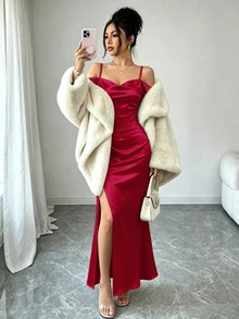 Elenzga Women's Solid Color Spaghetti Strap Hollow Out Off-Shoulder Split Hem Dress, Summer Dinner Party Burgundy Sexy Elegant - Burgundy - View 3