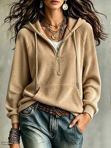 EMERY ROSE Women's Solid Color Raglan Long Sleeve Zip-Up Half Placket Pocket Casual Sweatshirt - Khaki - View 5