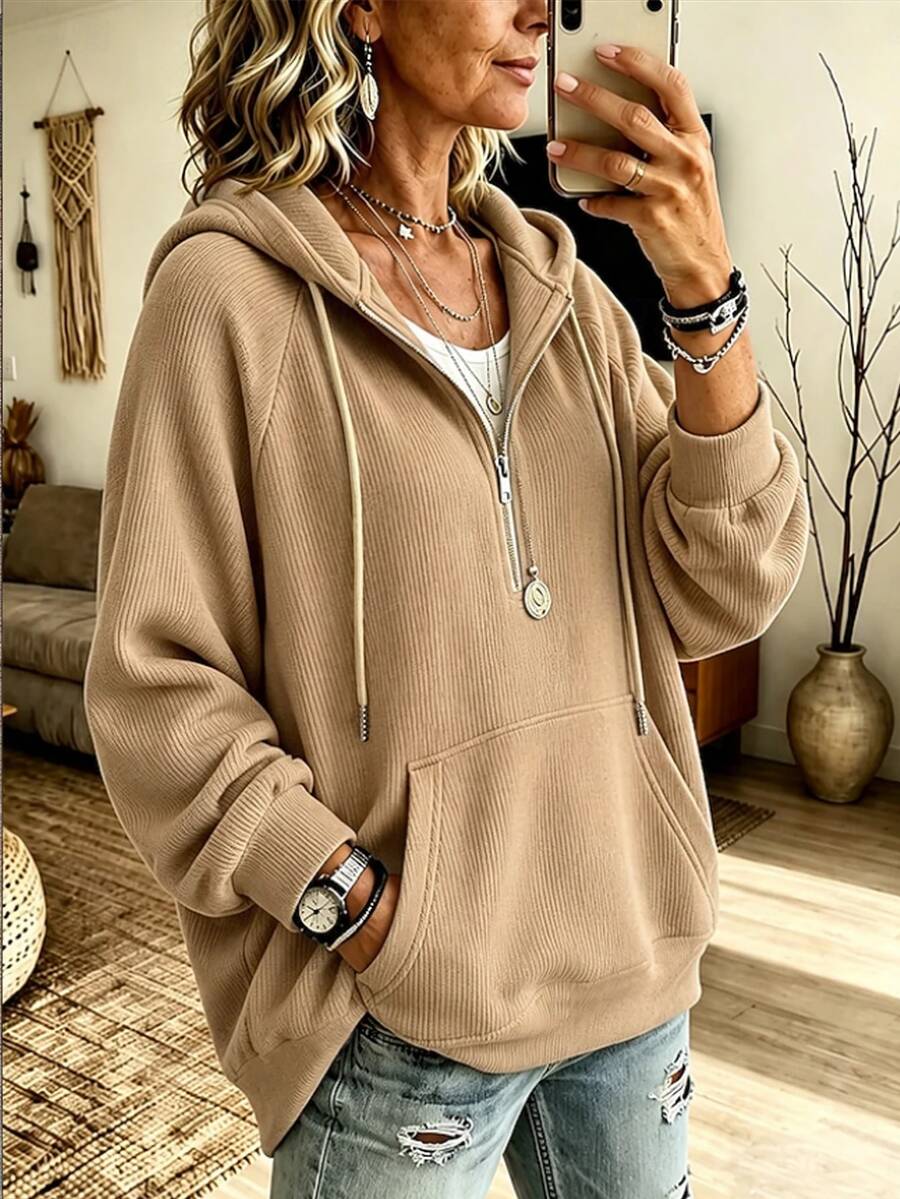 EMERY ROSE Women's Solid Color Raglan Long Sleeve Zip-Up Half Placket Pocket Casual Sweatshirt - Khaki - View 1