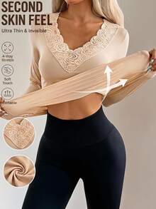 SHEIN EZwear Women's Lace Patchwork Fitted Versatile Daily Wear Long Sleeve Top - Khaki - View 1