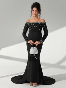 Cheriluna Maternity 女士优雅露肩珍珠长袖连衣裙 - 黑色 - 查看 2