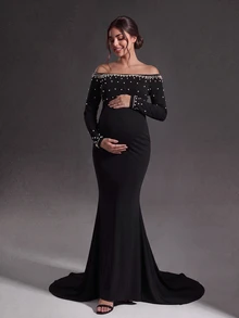 Cheriluna Maternity 女士优雅露肩珍珠长袖连衣裙 - 黑色 - 查看 1