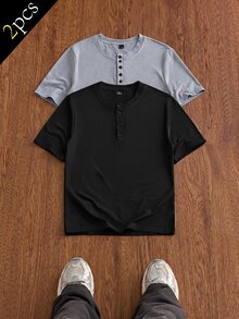 ESTAVOR Men's Summer Casual Loose Short Sleeve T-Shirt With Half-Placket Buttons, Round Neck, Solid Color, Standard Size, Multiple Colors - Multicolor - View 3