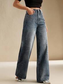 Anewsta Tall Quần jeans denim nữ cạp cao ống rộng có túi, màu xanh wash bóng - Màu xanh lam - Xem 5
