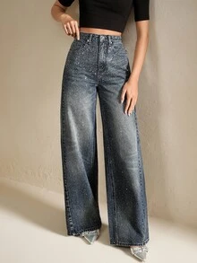 Anewsta Tall Quần jeans denim nữ cạp cao ống rộng có túi, màu xanh wash bóng - Màu xanh lam - Xem 7