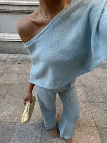 Autumina Women's Blue Casual Versatile Daily Home Commute Outfit Shawl Cape Fashion Versatile Sweater 2 Pieces Set - Blue - View 4