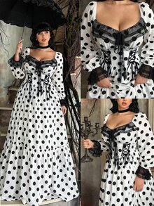 Lyrianda Plus Size Elegant Polka Dot Lace Patchwork Flared Dress For Autumn/Winter Party Fall - White - View 9