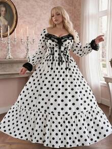 Lyrianda Plus Size Elegant Polka Dot Lace Patchwork Flared Dress For Autumn/Winter Party Fall - White - View 2