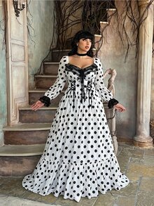 Lyrianda Plus Size Elegant Polka Dot Lace Patchwork Flared Dress For Autumn/Winter Party Fall - White - View 6
