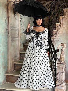 Lyrianda Plus Size Elegant Polka Dot Lace Patchwork Flared Dress For Autumn/Winter Party Fall - White - View 8