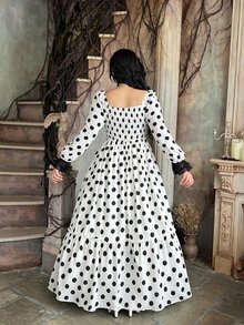 Lyrianda Plus Size Elegant Polka Dot Lace Patchwork Flared Dress For Autumn/Winter Party Fall - White - View 3
