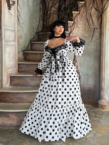 Lyrianda Plus Size Elegant Polka Dot Lace Patchwork Flared Dress For Autumn/Winter Party Fall - White - View 4