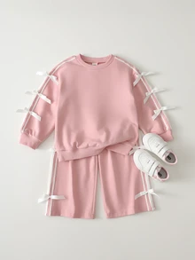THE HAPPY LOOK 2pcs/Set Young Girl Ruffle Trim Crew Neck Long Sleeve Sweatshirt And Elastic Waist Pants Set - Multicolor - View 6