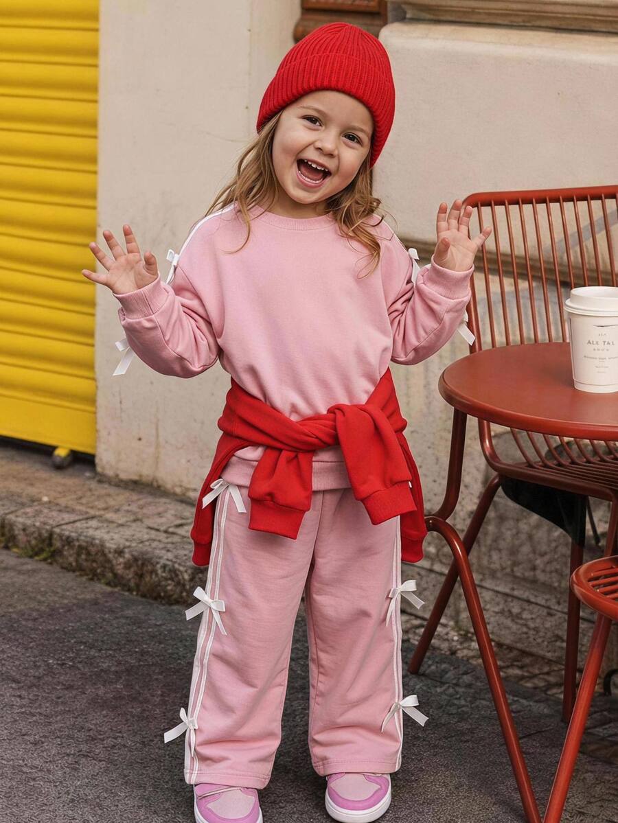 THE HAPPY LOOK 2pcs/Set Young Girl Ruffle Trim Crew Neck Long Sleeve Sweatshirt And Elastic Waist Pants Set - Multicolor - View 1