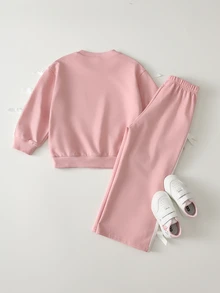 THE HAPPY LOOK 2pcs/Set Young Girl Ruffle Trim Crew Neck Long Sleeve Sweatshirt And Elastic Waist Pants Set - Multicolor - View 2