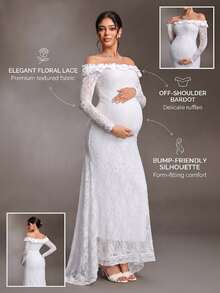 Cheriluna Maternity Maternity Solid Color Lace Off-Shoulder Mermaid Dress Photoshoot Summer Elegant Maternity Fall - White - View 11