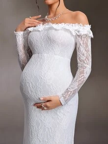 Cheriluna Maternity Maternity Solid Color Lace Off-Shoulder Mermaid Dress Photoshoot Summer Elegant Maternity Fall - White - View 7