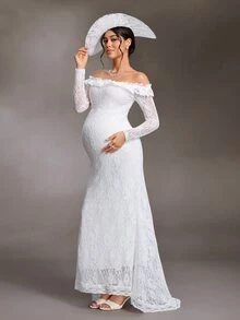 Cheriluna Maternity Maternity Solid Color Lace Off-Shoulder Mermaid Dress Photoshoot Summer Elegant Maternity Fall - White - View 10