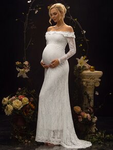 Cheriluna Maternity Maternity Solid Color Lace Off-Shoulder Mermaid Dress Photoshoot Summer Elegant Maternity Fall - White - View 12