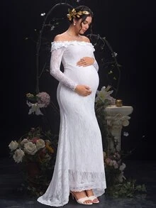 Cheriluna Maternity Maternity Solid Color Lace Off-Shoulder Mermaid Dress Photoshoot Summer Elegant Maternity Fall - White - View 2