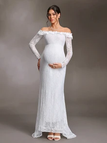Cheriluna Maternity Maternity Solid Color Lace Off-Shoulder Mermaid Dress Photoshoot Summer Elegant Maternity Fall - White - View 5
