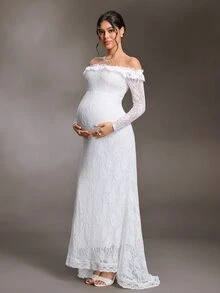 Cheriluna Maternity Maternity Solid Color Lace Off-Shoulder Mermaid Dress Photoshoot Summer Elegant Maternity Fall - White - View 6