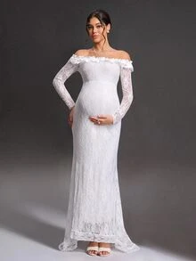Cheriluna Maternity Maternity Solid Color Lace Off-Shoulder Mermaid Dress Photoshoot Summer Elegant Maternity Fall - White - View 1
