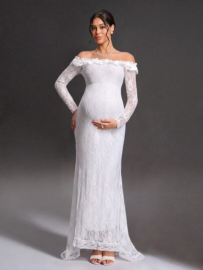 Cheriluna Maternity Maternity Solid Color Lace Off-Shoulder Mermaid Dress Photoshoot Summer Elegant Maternity Fall