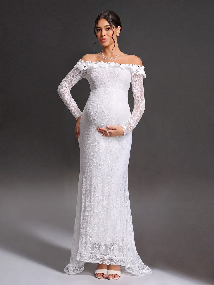 Cheriluna Maternity Maternity Solid Color Lace Off-Shoulder Mermaid Dress Photoshoot Summer Elegant Maternity Fall - White - View 1