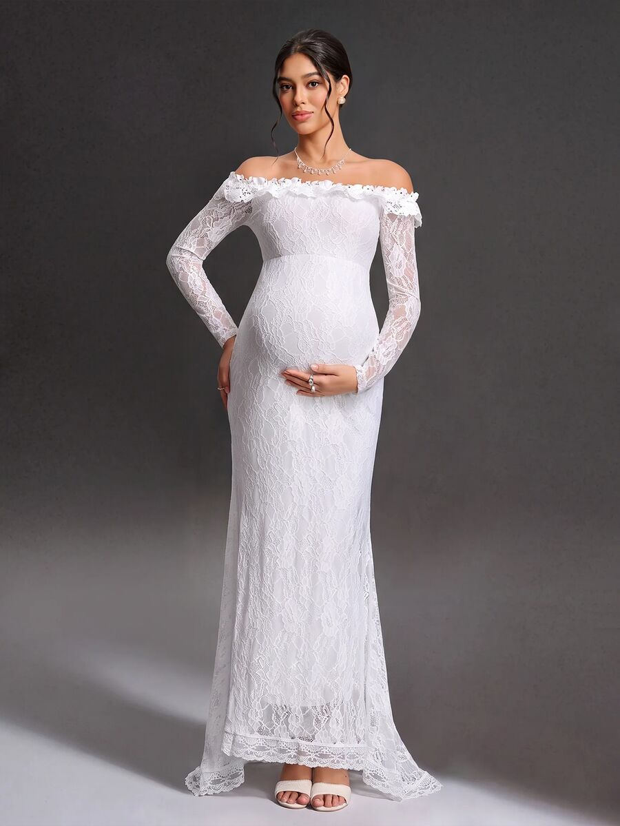 Cheriluna Maternity Maternity Solid Color Lace Off-Shoulder Mermaid Dress Photoshoot Summer Elegant Maternity Fall - White - View 1