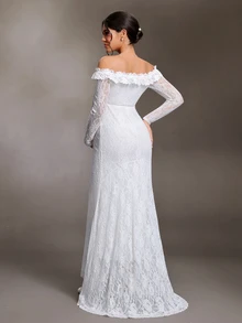 Cheriluna Maternity Maternity Solid Color Lace Off-Shoulder Mermaid Dress Photoshoot Summer Elegant Maternity Fall - White - View 3