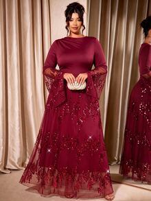 Cravure Women Plus Size Elegant Pleated Sequin Elastic Long Dress, Suitable For Banquet, Party Wear Fall - Burgundy - View 2