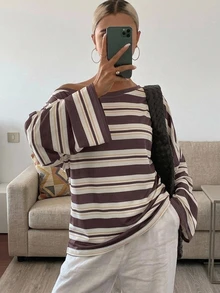 DAZY 女款棕色條紋不對稱肩寬鬆休閒街頭風街頭風格T恤圖案印花上衣，適合外出夜生活秋季穿搭 - 白色 - 查看 3