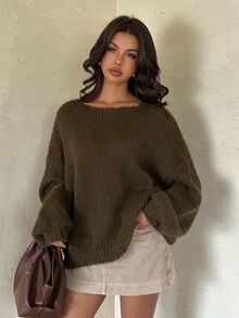Aloruh 女款優雅休閒落肩寬鬆橄欖綠粗針織毛衣，秋冬休閒毛衣 - 橄欖綠 - 查看 8