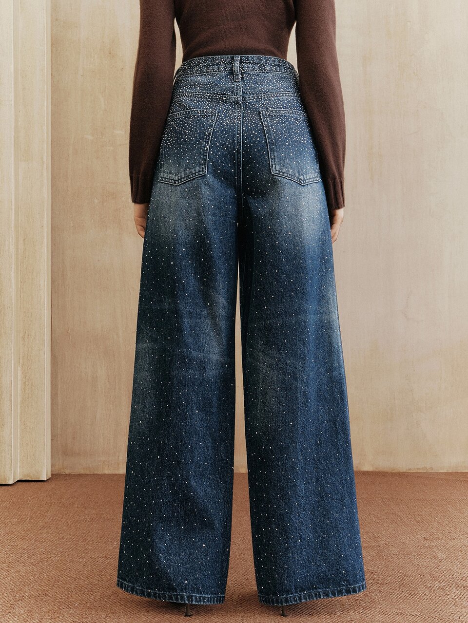 Anewsta Women's Dark Wash Denim Wide Leg Jeans With Button Pocket Zipper Details Non Stretch Full Length Perfect For Party