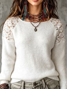 Linhara CURVE Plus Size Women's White Pullover Sweater With Hollow-Out Floral Lace Patchwork, Fashionable Style For Autumn/Winter, Suitable For Vacation, Casual, Street Wear And More - White - View 4