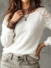 Linhara CURVE Plus Size Women's White Pullover Sweater With Hollow-Out Floral Lace Patchwork, Fashionable Style For Autumn/Winter, Suitable For Vacation, Casual, Street Wear And More - White - View 5