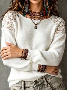 Linhara CURVE Plus Size Women's White Pullover Sweater With Hollow-Out Floral Lace Patchwork, Fashionable Style For Autumn/Winter, Suitable For Vacation, Casual, Street Wear And More - White - View 2