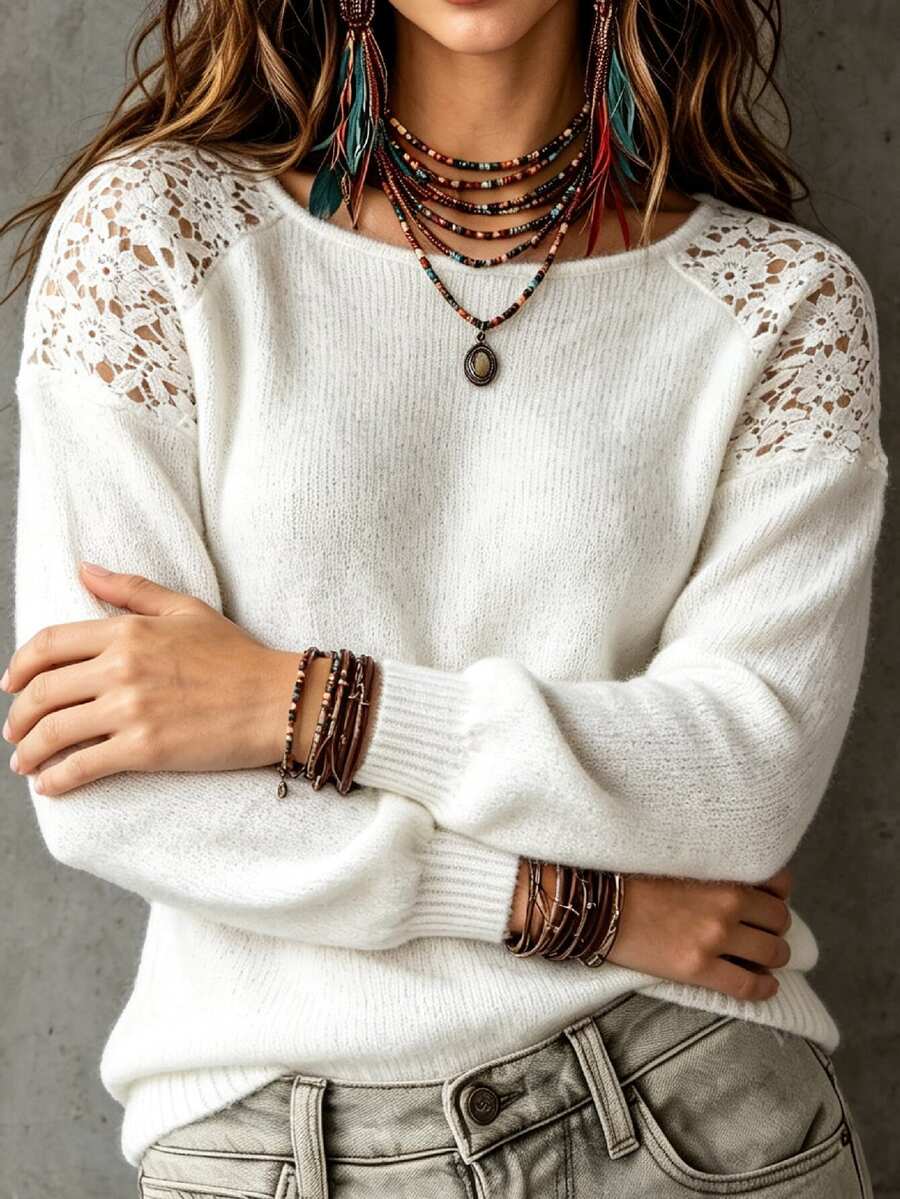 Linhara CURVE Plus Size Women's White Pullover Sweater With Hollow-Out Floral Lace Patchwork, Fashionable Style For Autumn/Winter, Suitable For Vacation, Casual, Street Wear And More