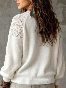 Linhara CURVE Plus Size Women's White Pullover Sweater With Hollow-Out Floral Lace Patchwork, Fashionable Style For Autumn/Winter, Suitable For Vacation, Casual, Street Wear And More - White - View 3