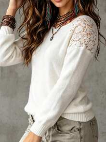 Linhara CURVE Plus Size Women's White Pullover Sweater With Hollow-Out Floral Lace Patchwork, Fashionable Style For Autumn/Winter, Suitable For Vacation, Casual, Street Wear And More - White - View 7