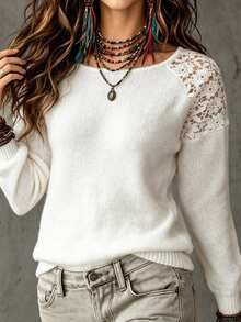 Linhara CURVE Plus Size Women's White Pullover Sweater With Hollow-Out Floral Lace Patchwork, Fashionable Style For Autumn/Winter, Suitable For Vacation, Casual, Street Wear And More - White - View 6