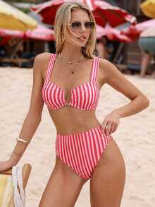 SHEIN Swim Springbreak 女款夏季新款隨機碎花V領細肩帶甜美花卉圖案比基尼套裝 - 彩色 - 查看 7