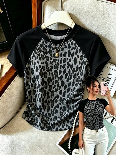 Resyla Women's Black Leopard Patchwork Crewneck Short Sleeve T-Shirt, Fashion Slim Fit Summer Top, Casual Streetwear, Gift For Friends