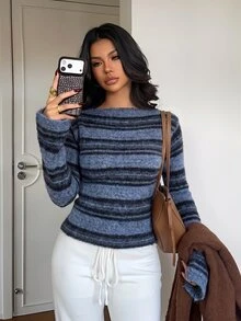 Aloruh 女款拼色修身百搭日常長袖針織衫，棕色條紋秋季復古休閒舒適毛衣，適合日常、夜晚、假期穿著，街頭風 - 藏蓝色 - 查看 8
