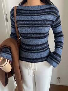 Aloruh 女款拼色修身百搭日常長袖針織衫，棕色條紋秋季復古休閒舒適毛衣，適合日常、夜晚、假期穿著，街頭風 - 藏蓝色 - 查看 3