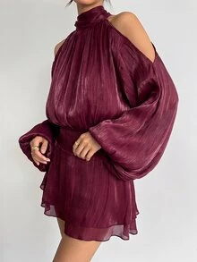 Aloruh 女款純色掛脖露肩性感約會派對迷你洋裝 優雅度假穿搭女裝 - 酒紅色 - 查看 4