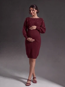 Cheriluna Maternity 优雅串珠装饰针织孕妇连衣裙，秋冬款 - 酒紅色 - 查看 1